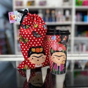 Copo Funny - Frida Kahlo Plástico PS e Tampa Plástico PP 16,5 X 8,5 X 8,5 cm    Acompanha bolsinha em tecido